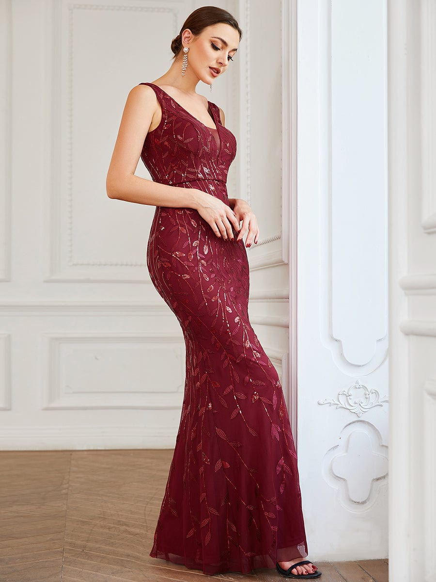 Sleeveless V-Neck Sequin Illusion Panel Fishtail Evening Dress #color_Burgundy Sleeveless V-Neck Sequin Illusion Panel Fishtail Evening Dress