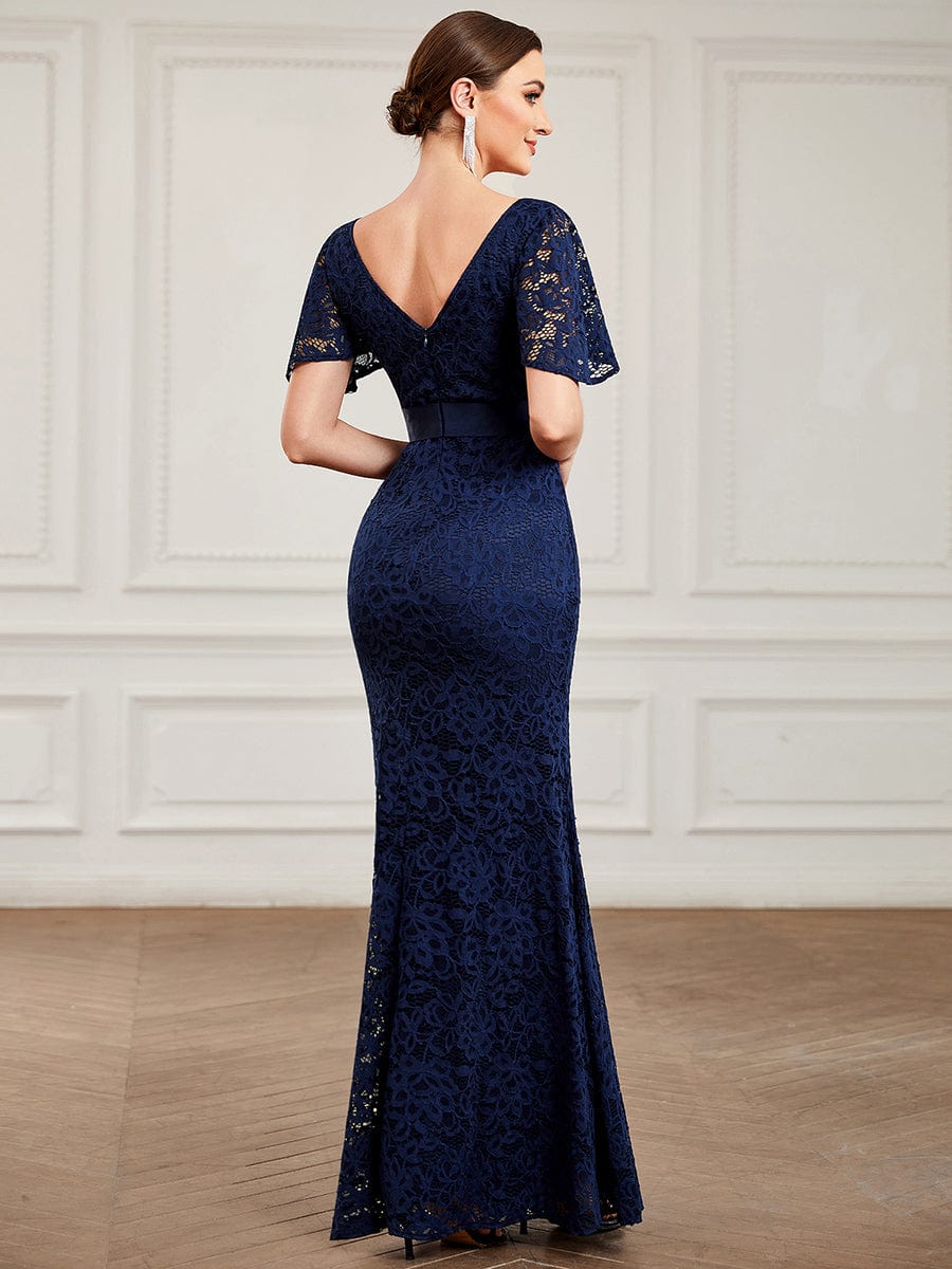 All-Over Lace V-Neck Ribbon Waist Bodycon Fishtail Evening Dress #color_Navy Blue All-Over Lace V-Neck Ribbon Waist Bodycon Fishtail Evening Dress