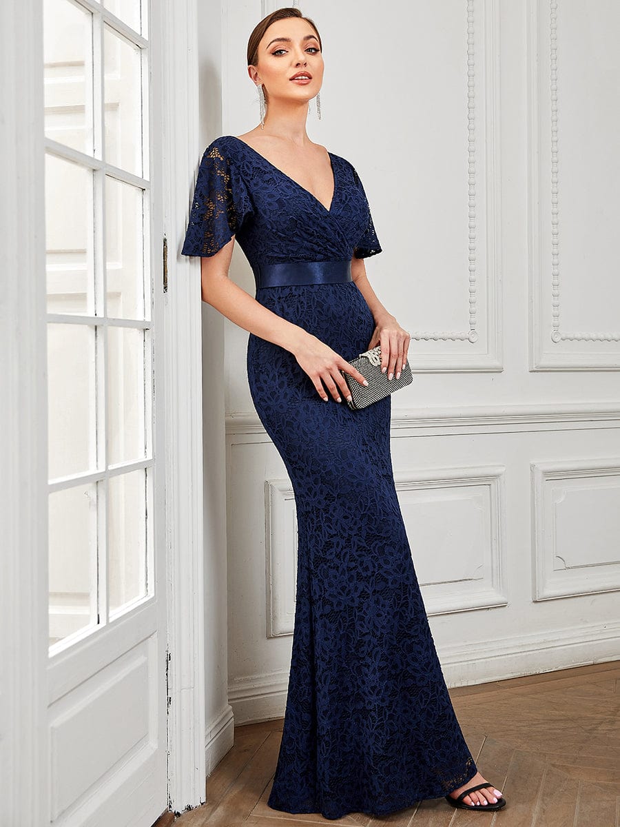 All-Over Lace V-Neck Ribbon Waist Bodycon Fishtail Evening Dress #color_Navy Blue All-Over Lace V-Neck Ribbon Waist Bodycon Fishtail Evening Dress