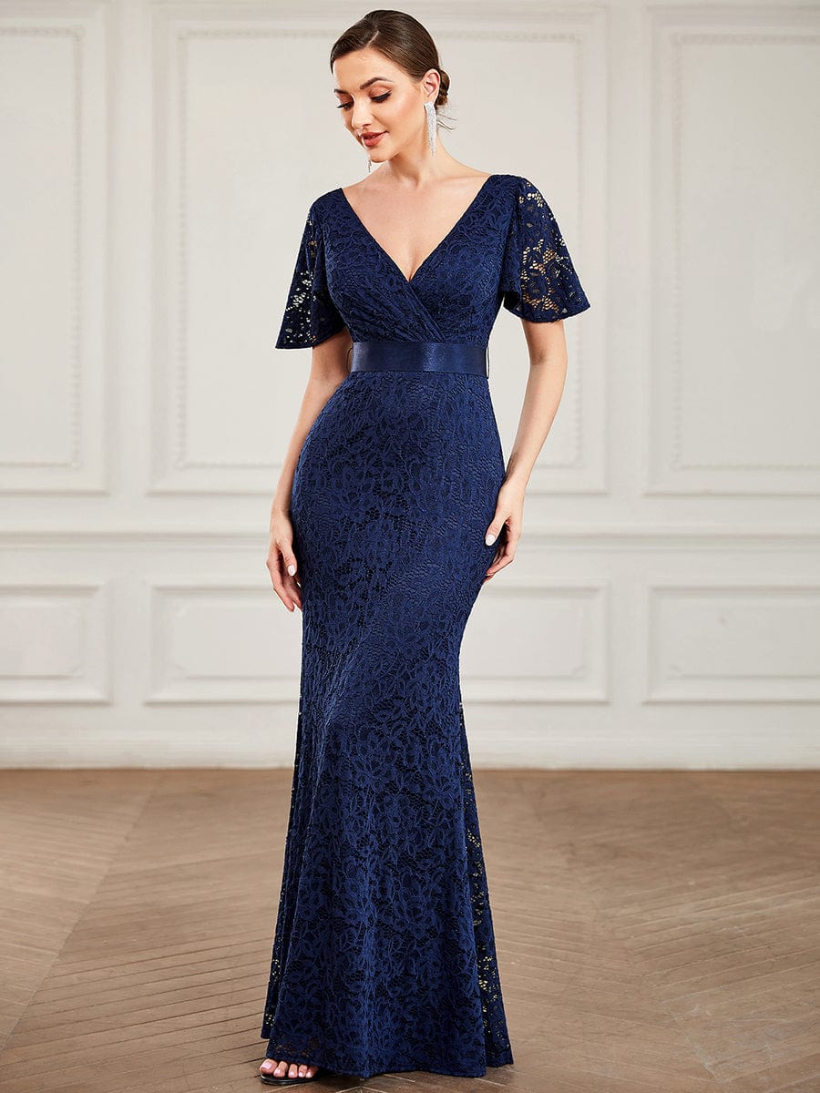 All-Over Lace V-Neck Ribbon Waist Bodycon Fishtail Evening Dress #color_Navy Blue All-Over Lace V-Neck Ribbon Waist Bodycon Fishtail Evening Dress