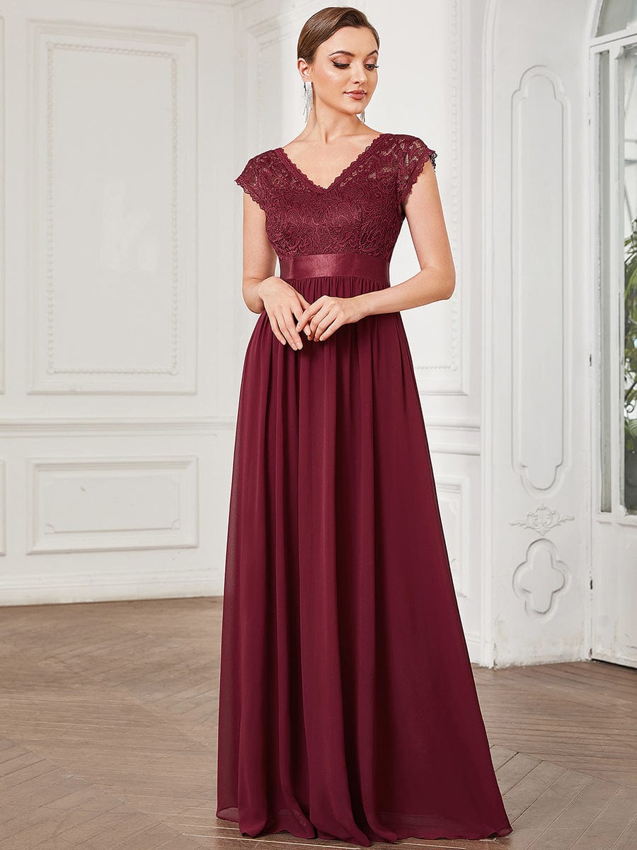 Lace V-Neck & Plunging Back Empire Waist Chiffon Evening Dress #Color_Burgundy Lace V-Neck & Plunging Back Empire Waist Chiffon Evening Dress