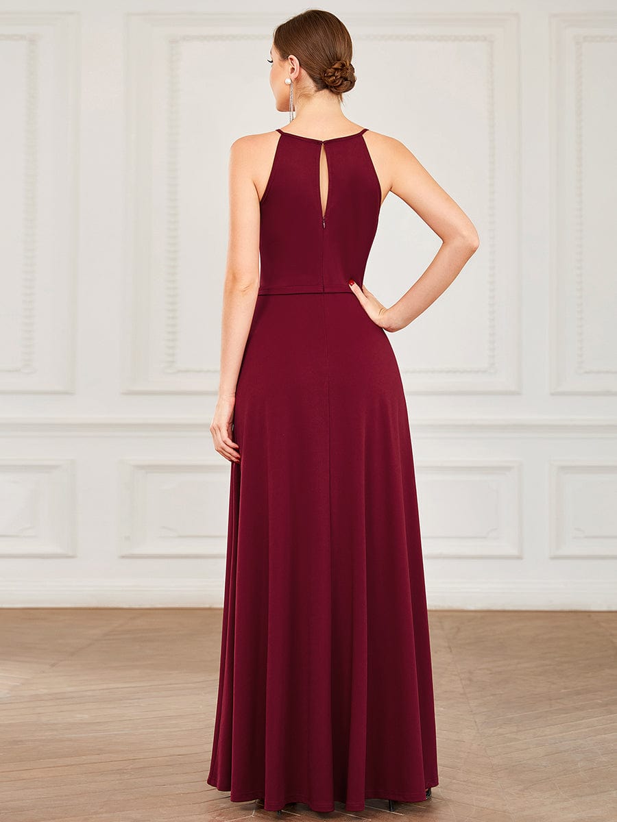 High Slit Keyhole Halter Sleeveless Evening Dress #color_Burgundy High Slit Keyhole Halter Sleeveless Evening Dress
