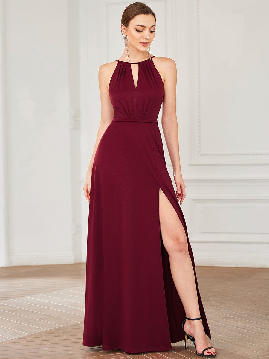 High Slit Keyhole Halter Sleeveless Evening Dress #color_Burgundy High Slit Keyhole Halter Sleeveless Evening Dress