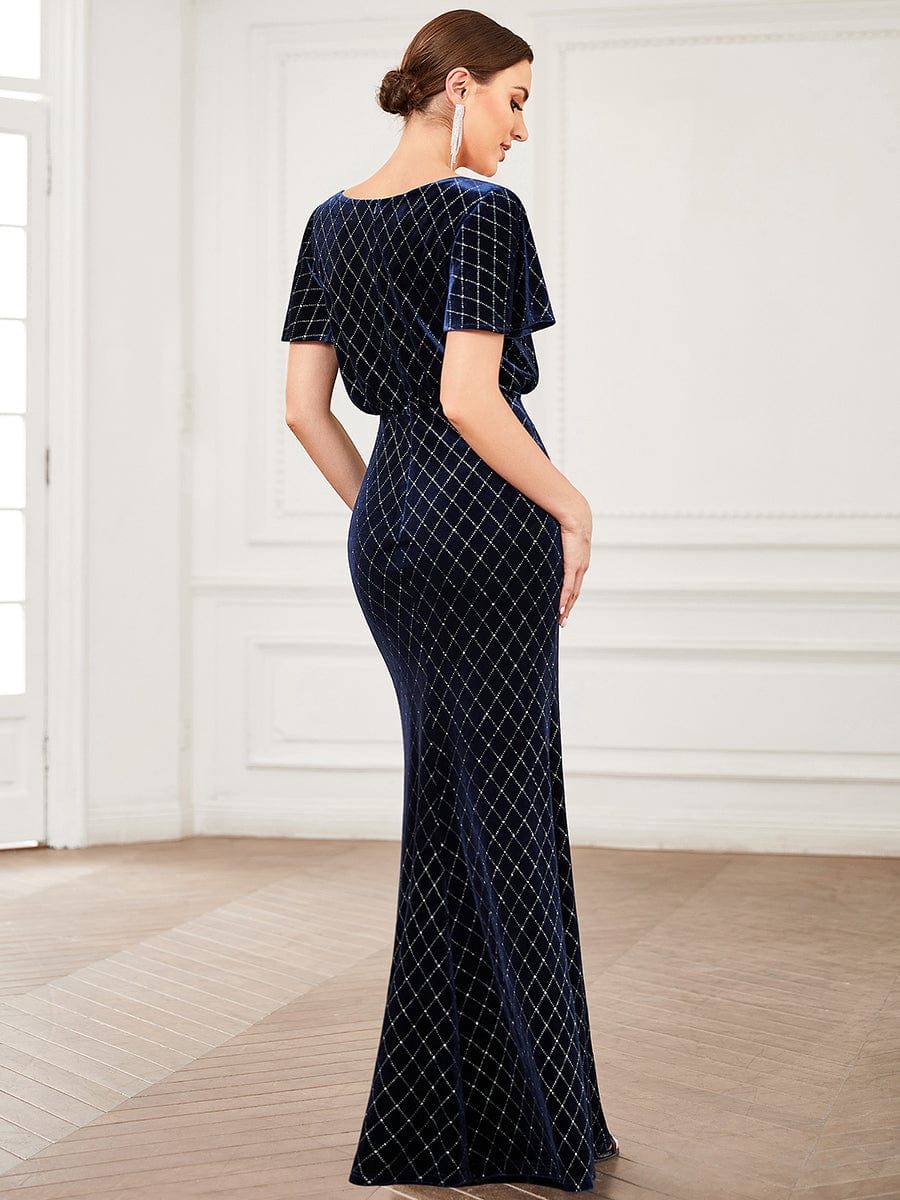 V-Neck Short Sleeve Velvet Sparkly Bodycon Evening Dress #color_Navy Blue V-Neck Short Sleeve Velvet Sparkly Bodycon Evening Dress