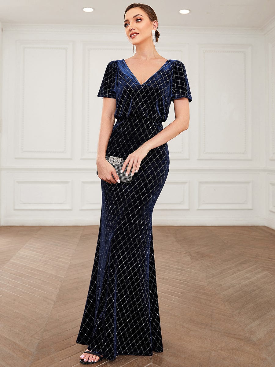 V-Neck Short Sleeve Velvet Sparkly Bodycon Evening Dress #color_Navy Blue V-Neck Short Sleeve Velvet Sparkly Bodycon Evening Dress
