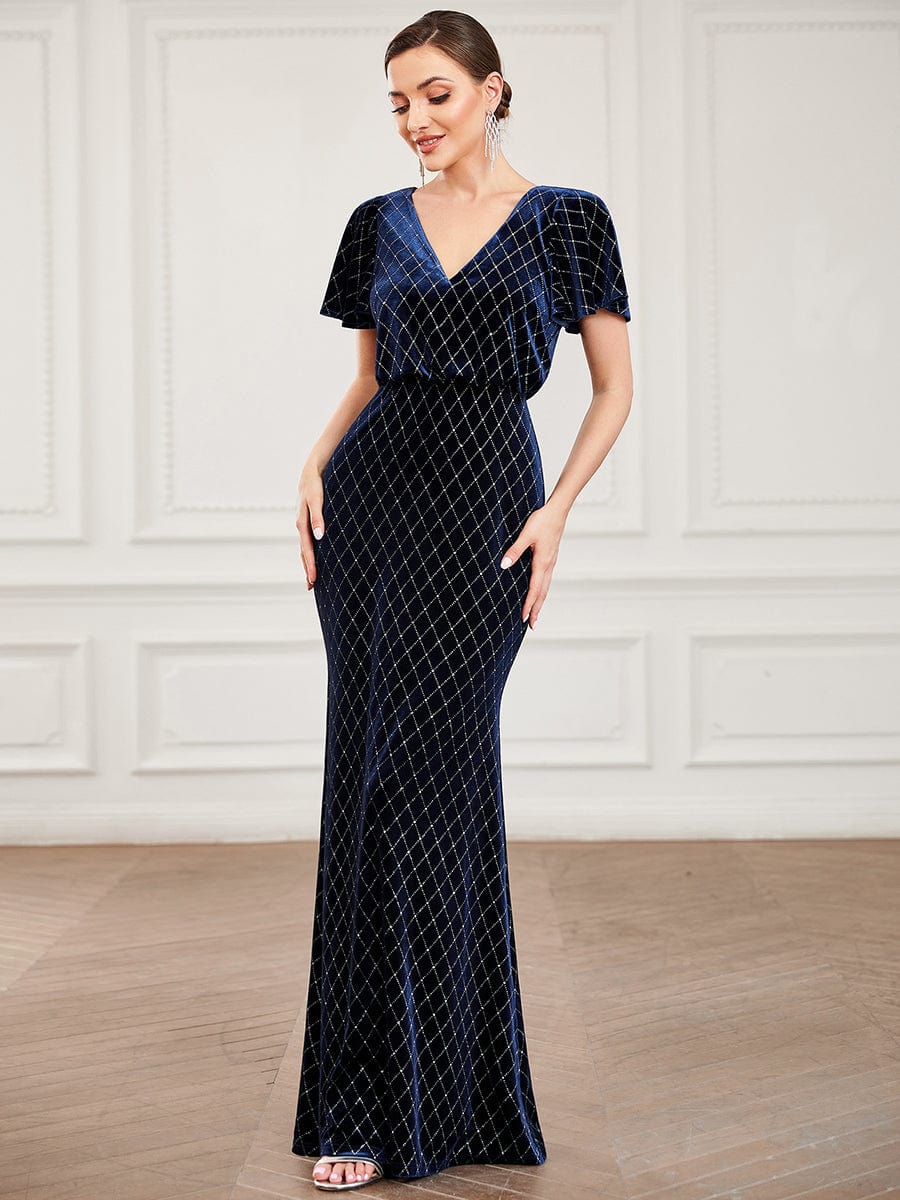 V-Neck Short Sleeve Velvet Sparkly Bodycon Evening Dress #color_Navy Blue V-Neck Short Sleeve Velvet Sparkly Bodycon Evening Dress