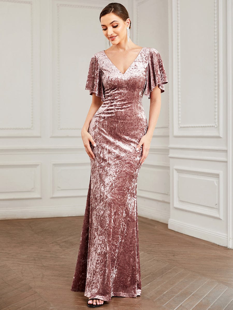 Velvet Short Sleeve Floor-Length Bodycon Fishtail Evening Dress #color_Purple Orchid Velvet Short Sleeve Floor-Length Bodycon Fishtail Evening Dress