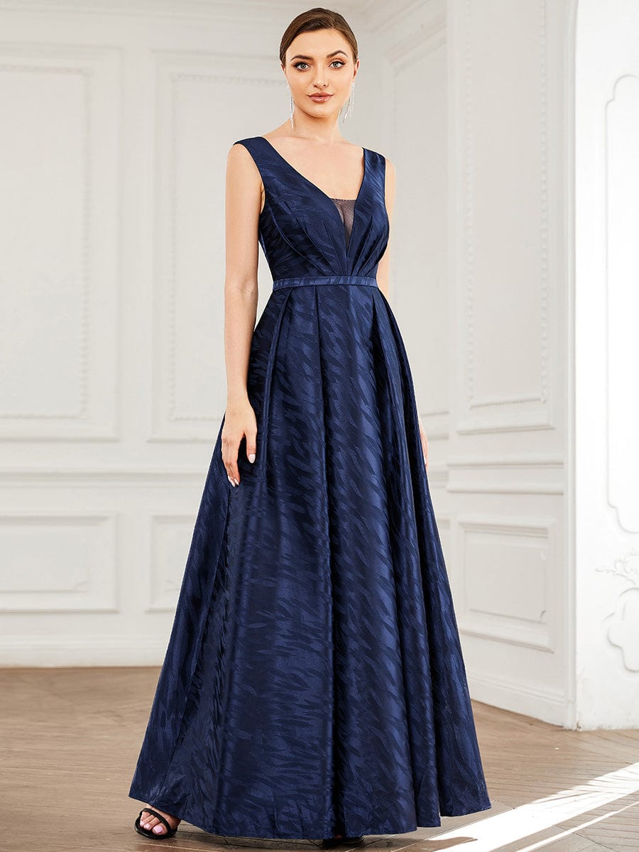 Illusion V-Neck Sleeveless Satin Empire Waist A-Line Evening Dress #Color_Navy Blue Illusion V-Neck Sleeveless Satin Empire Waist A-Line Evening Dress