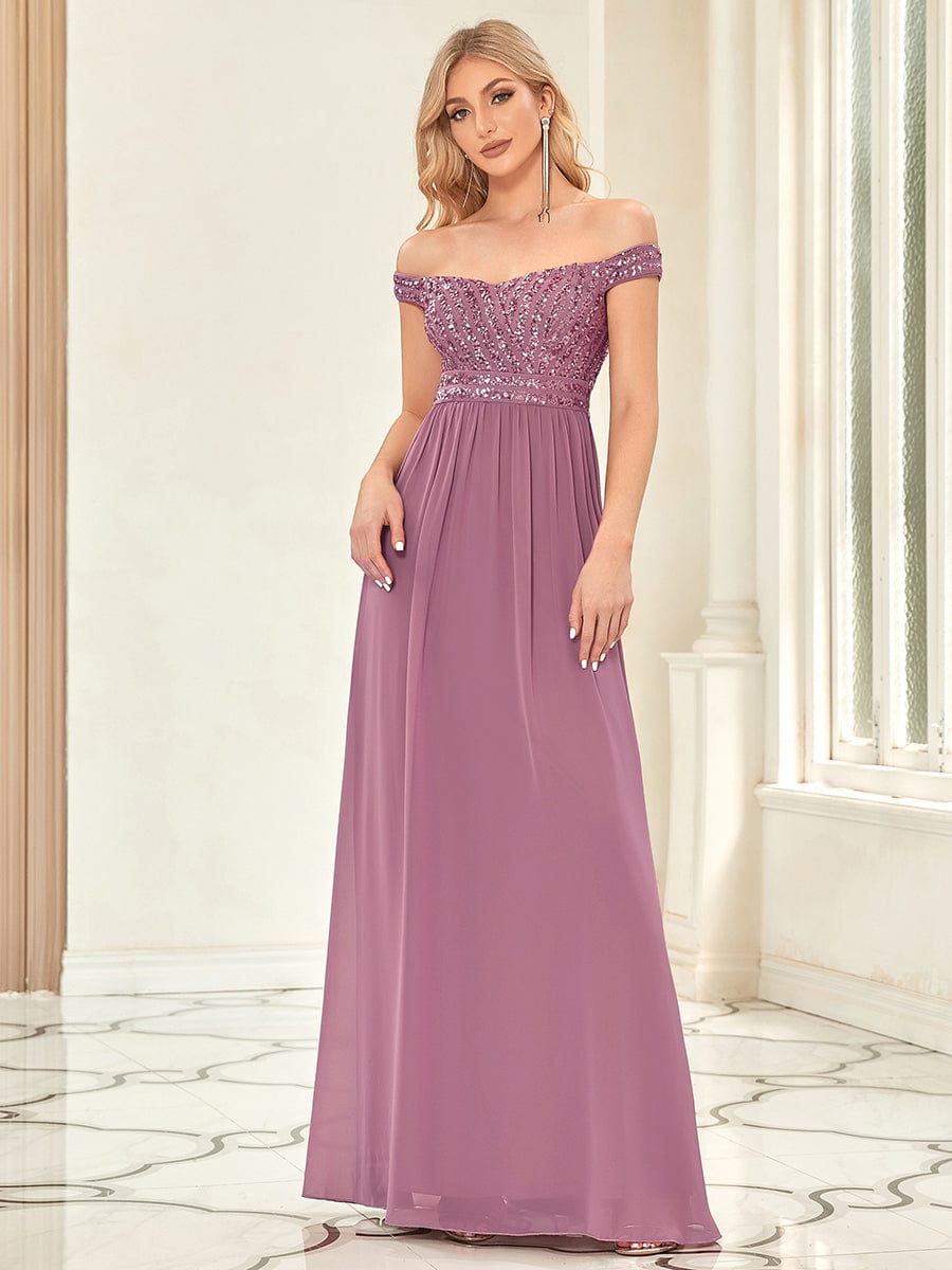 Off Shoulder Shining Paillette A-Line Maxi Evening Dress #color_Purple Orchid
