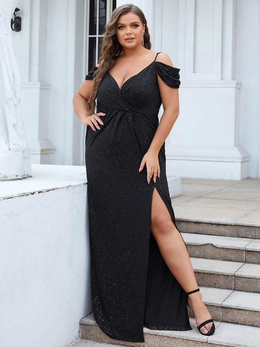 Spaghetti Straps Cold Shoulder Maxi Wedding Guest Dress #color_Black