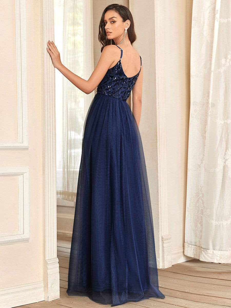V Neck Spaghetti Strap Embroidered Maxi Tulle Wedding Guest Dress #color_Navy Blue