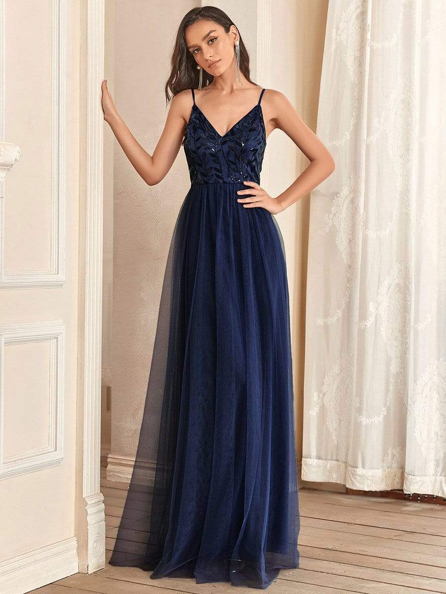 V Neck Spaghetti Strap Embroidered Maxi Tulle Wedding Guest Dress #color_Navy Blue