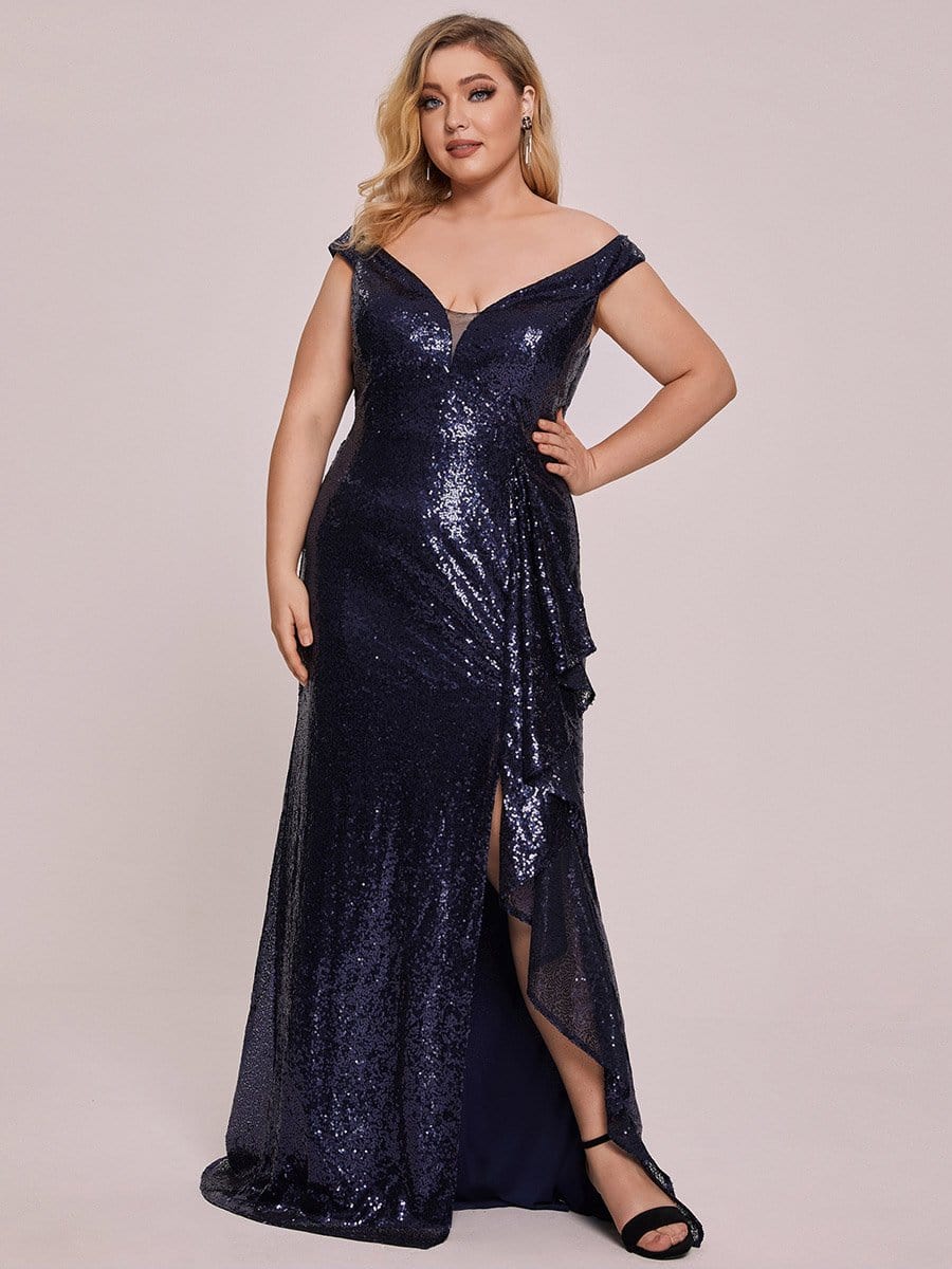 Sequins Ruffle Thigh Slit Evening Dress #color_Navy Blue Sequins Ruffle Thigh Slit Evening Dress