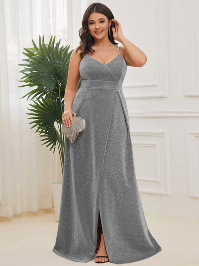 Plus Size Vintage V-neck Spaghetti Straps Glitter Maxi Evening Dress #color_Grey