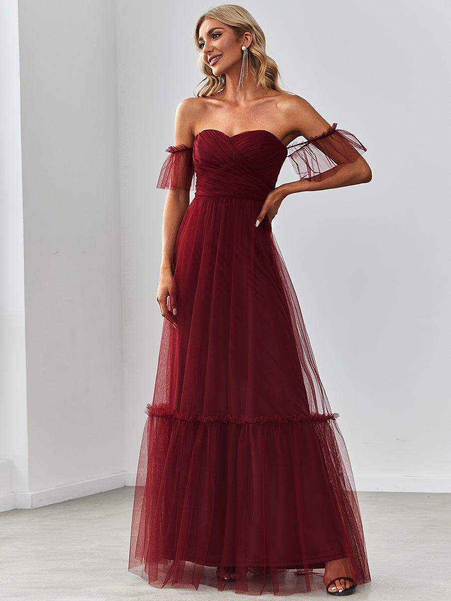 Off the Shoulder Sweetheart Pleated Tulle Evening Dress #color_Burgundy