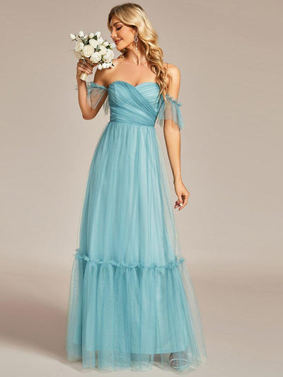 Off the Shoulder Sweetheart Pleated Tulle Evening Dress #color_Light Teal