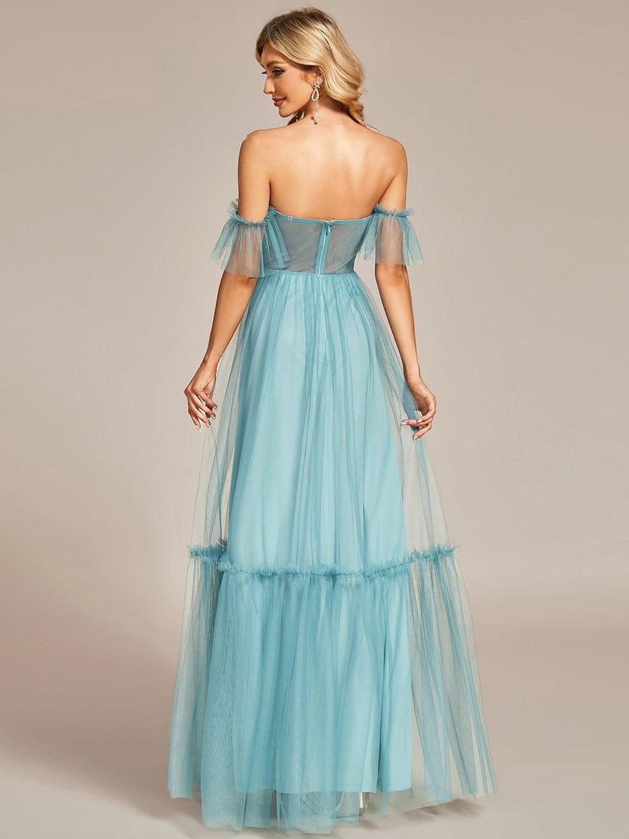 Off the Shoulder Sweetheart Pleated Tulle Evening Dress #color_Light Teal