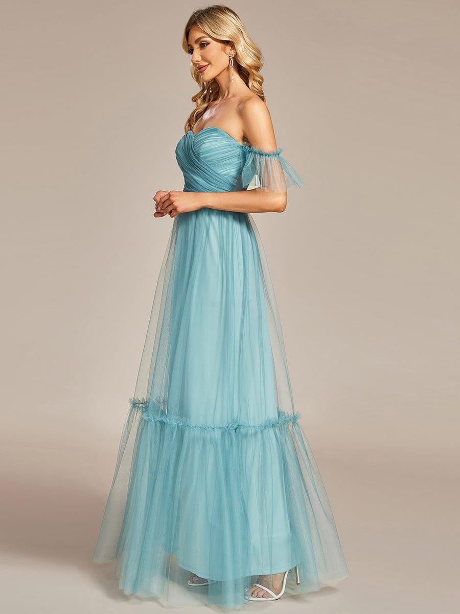 Off the Shoulder Sweetheart Pleated Tulle Evening Dress #color_Light Teal