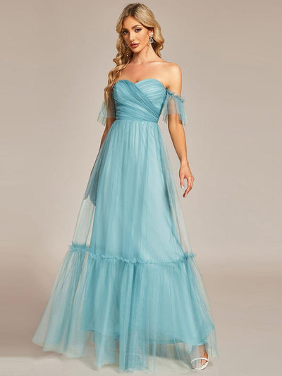 Off the Shoulder Sweetheart Pleated Tulle Evening Dress #color_Light Teal