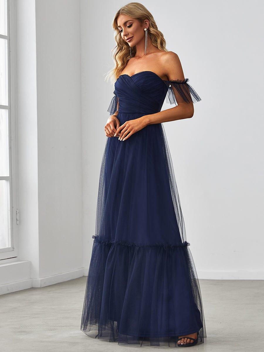 Off the Shoulder Sweetheart Pleated Tulle Evening Dress #color_Navy Blue
