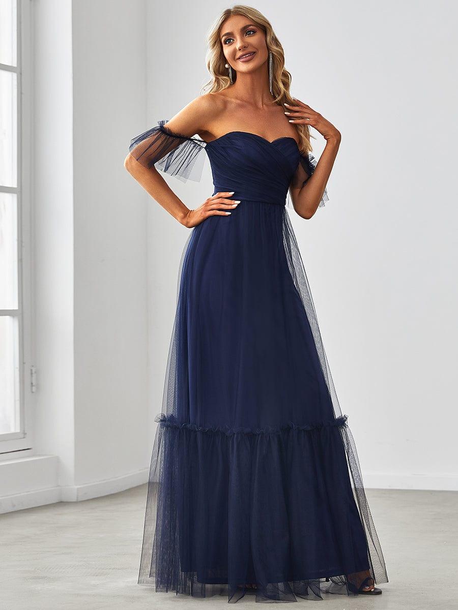 Off the Shoulder Sweetheart Pleated Tulle Evening Dress #color_Navy Blue