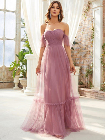 Off the Shoulder Sweetheart Pleated Tulle Evening Dress #color_Purple Orchid