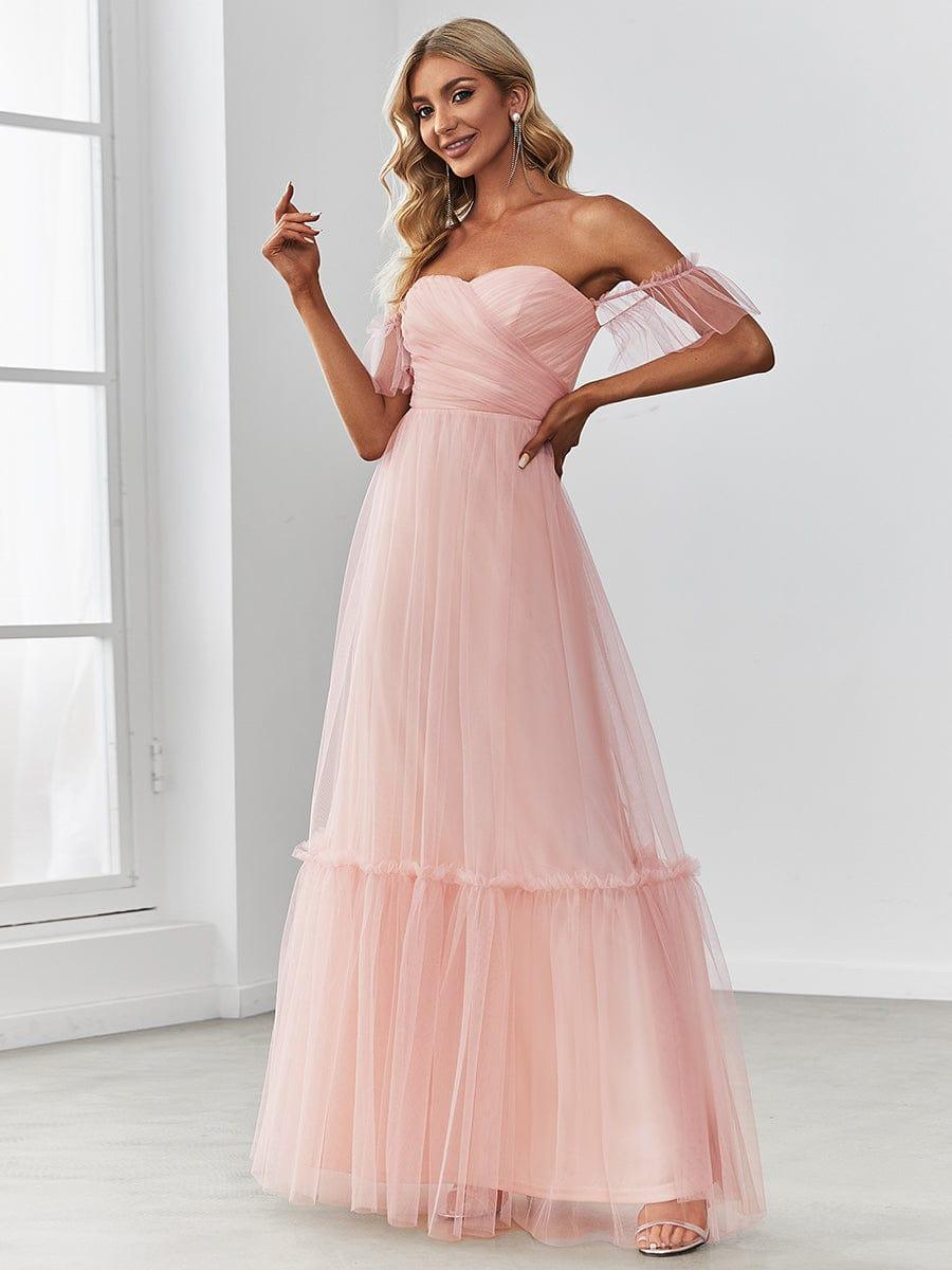 Off the Shoulder Sweetheart Pleated Tulle Evening Dress #color_Pink