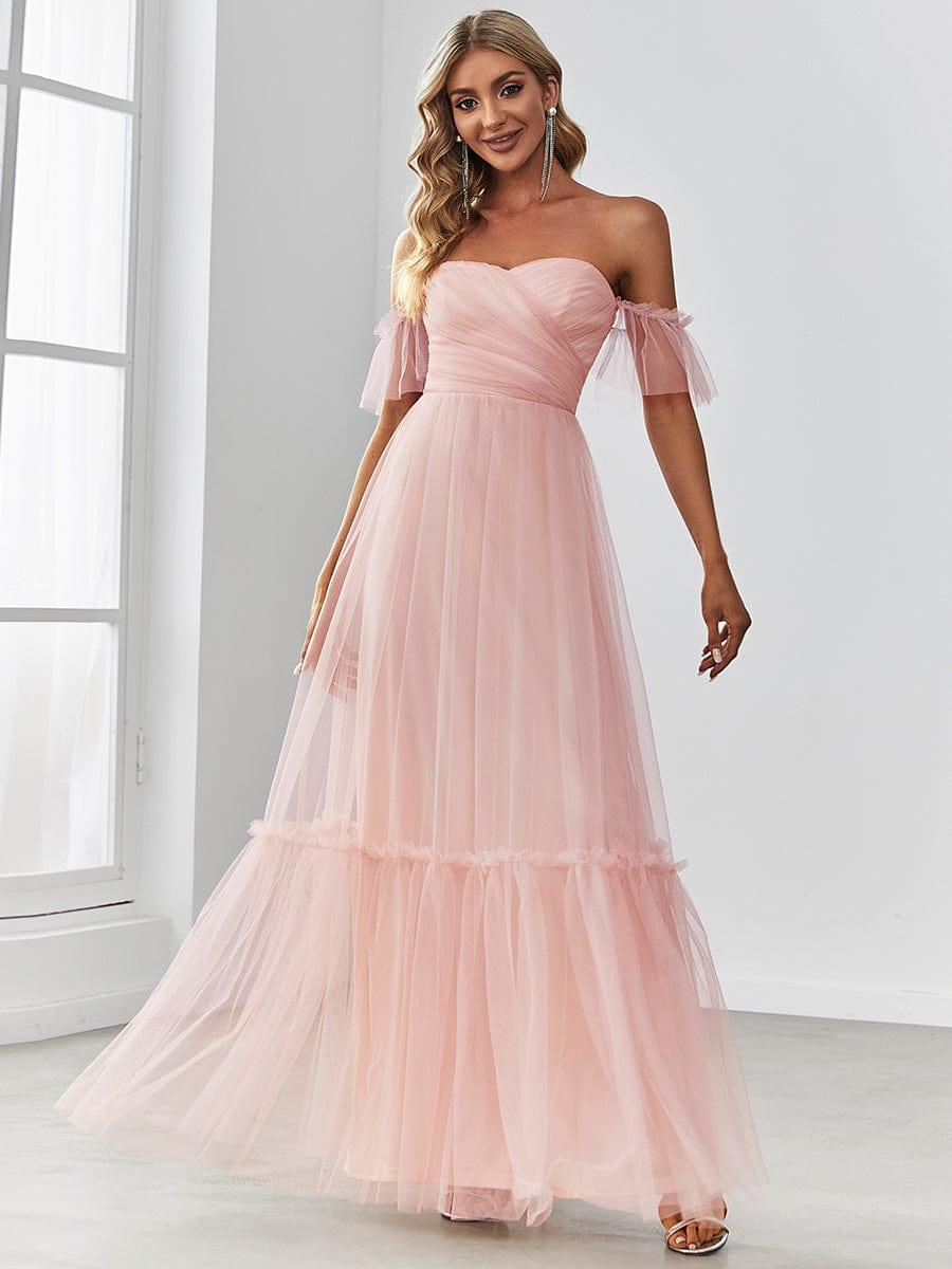 Off the Shoulder Sweetheart Pleated Tulle Evening Dress #color_Pink