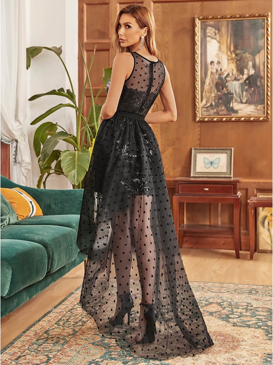 Sleeveless Polka Dot High Low Evening Dress #color_Black Sleeveless Polka Dot High Low Evening Dress
