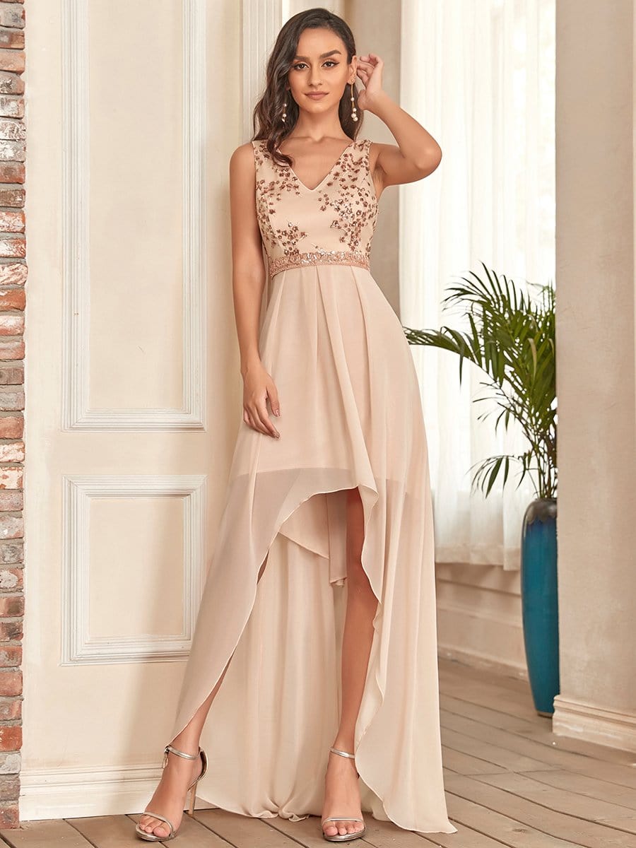 Sleeveless Sequins High Low Evening Dress #color_Blush Sleeveless Sequins High Low Evening Dress