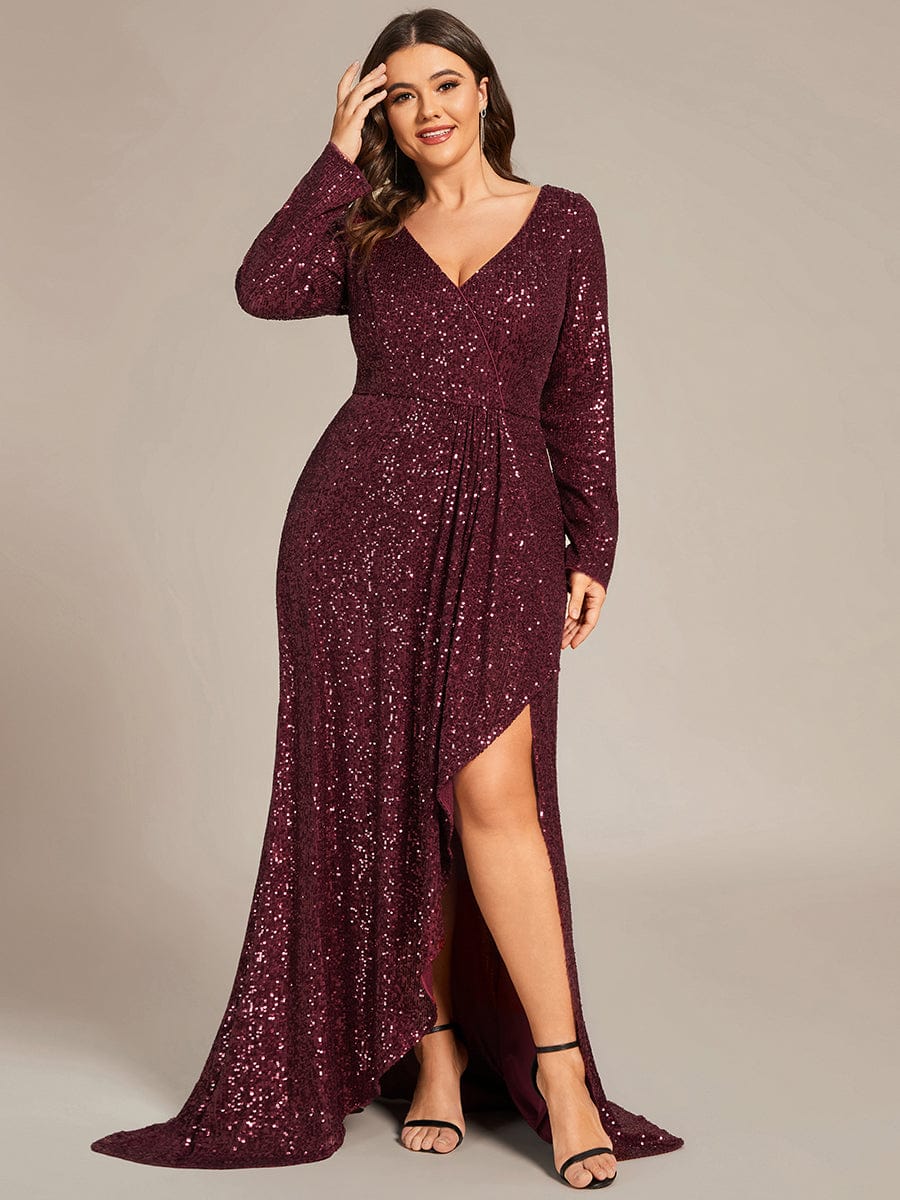Custom Size Sequin V-neck long Sleeve Evening Dress #color_Burgundy