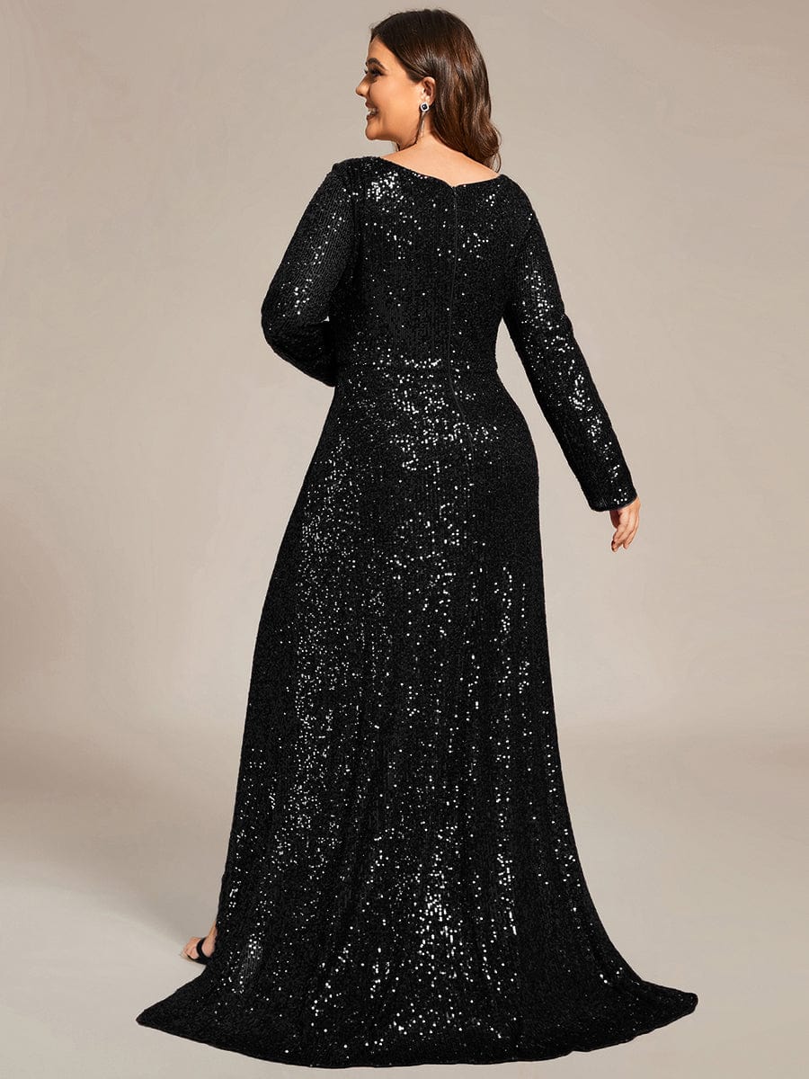 Sequin V-Neck Long Sleeve Evening Dress #color_Black