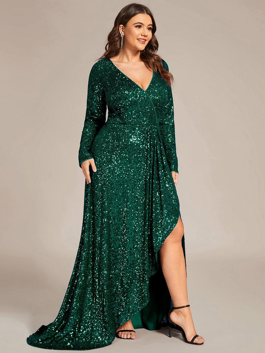 Sequin V-Neck Long Sleeve Evening Dress #color_Dark Green
