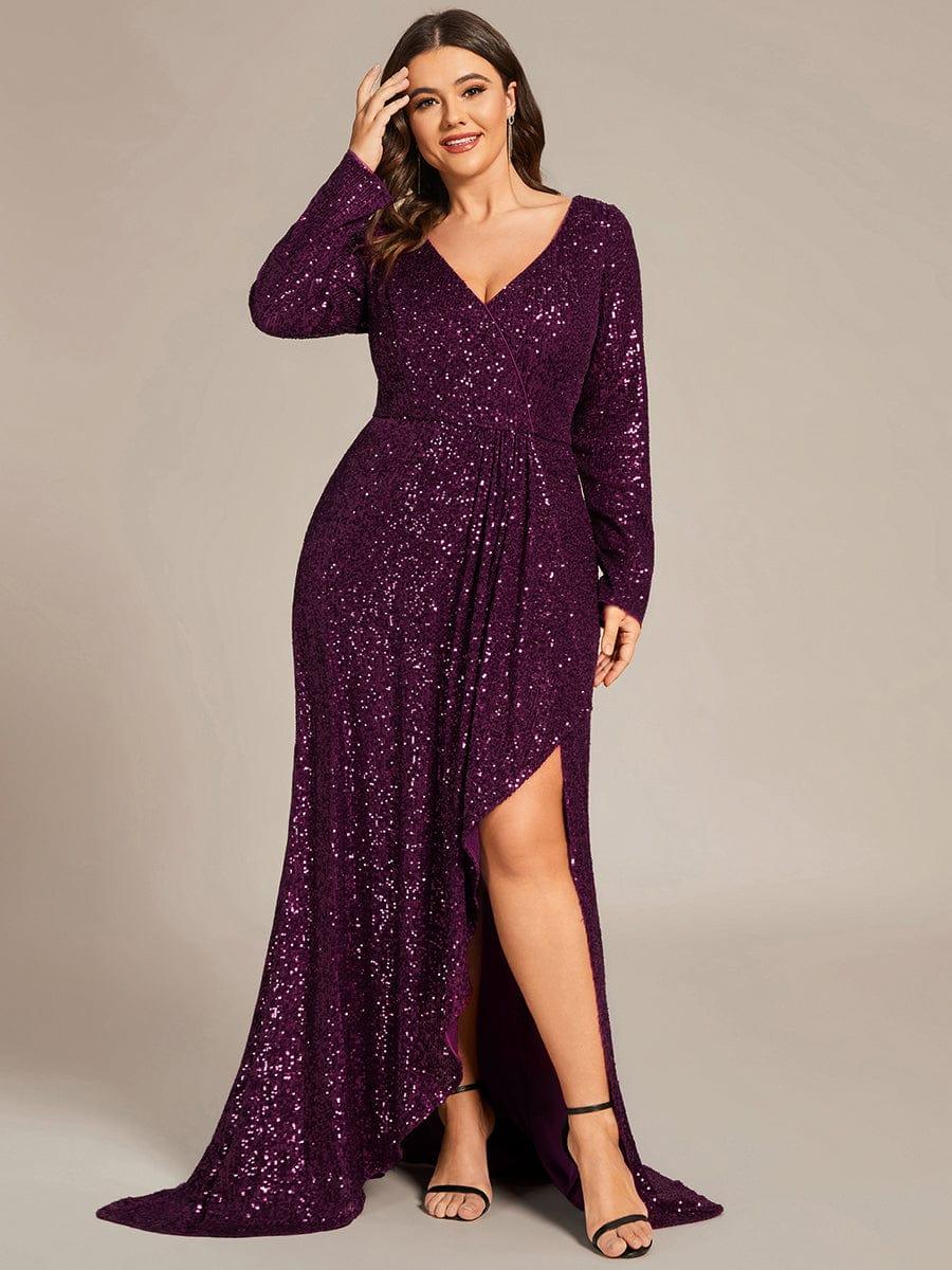 Sequin V-Neck Long Sleeve Evening Dress #color_Dark Purple