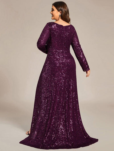 Sequin V-Neck Long Sleeve Evening Dress #color_Dark Purple