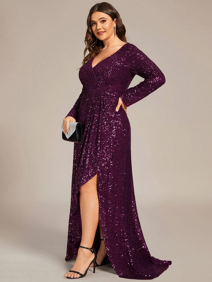 Sequin V-Neck Long Sleeve Evening Dress #color_Dark Purple