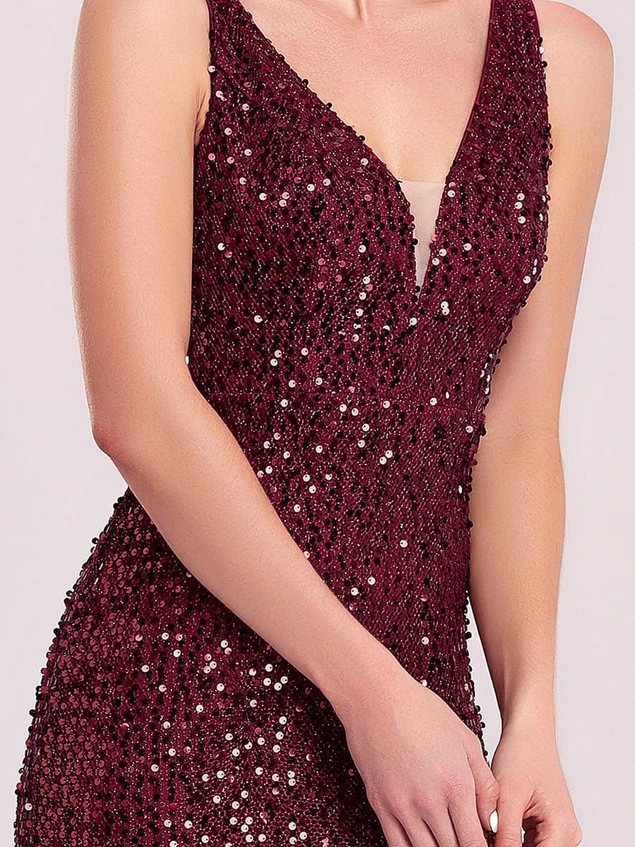 V-neck Sequin Slit Floor Length Evening Dress #color_Burgundy V-neck Sequin Slit Floor Length Evening Dress
