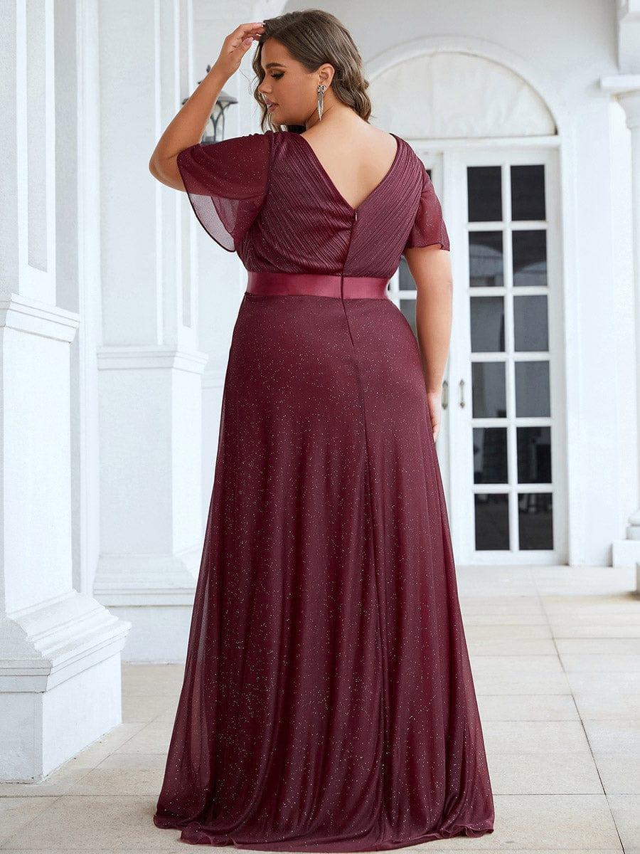Plus Size Long Shimmery Pleated V-Neck Evening Dress with Flutter Sleeve #color_Burgundy