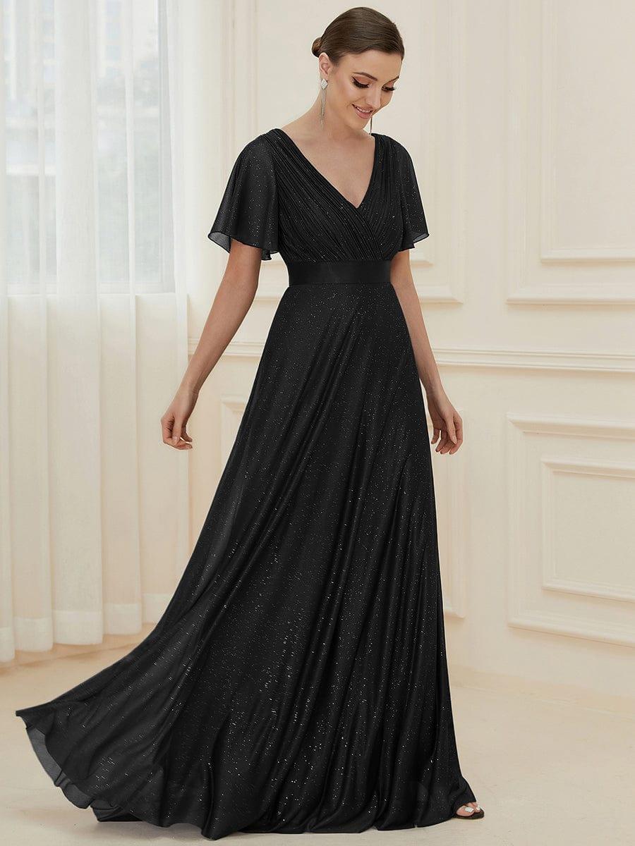 Long Shimmery Flutter Sleeve Pleated V-Neck Evening Dress #color_Black
