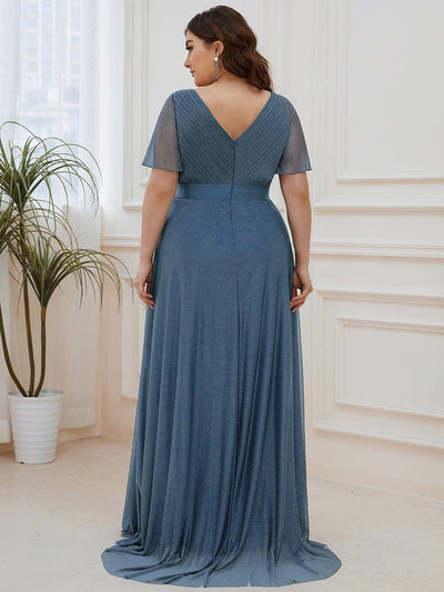 Plus Size Long Shimmery Pleated V-Neck Evening Dress with Flutter Sleeve #color_Dusty Blue