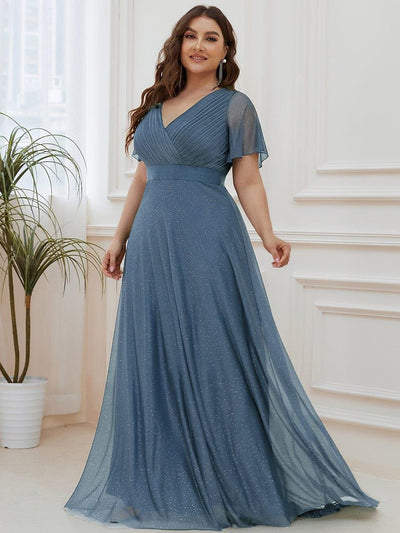 Plus Size Long Shimmery Pleated V-Neck Evening Dress with Flutter Sleeve #color_Dusty Blue