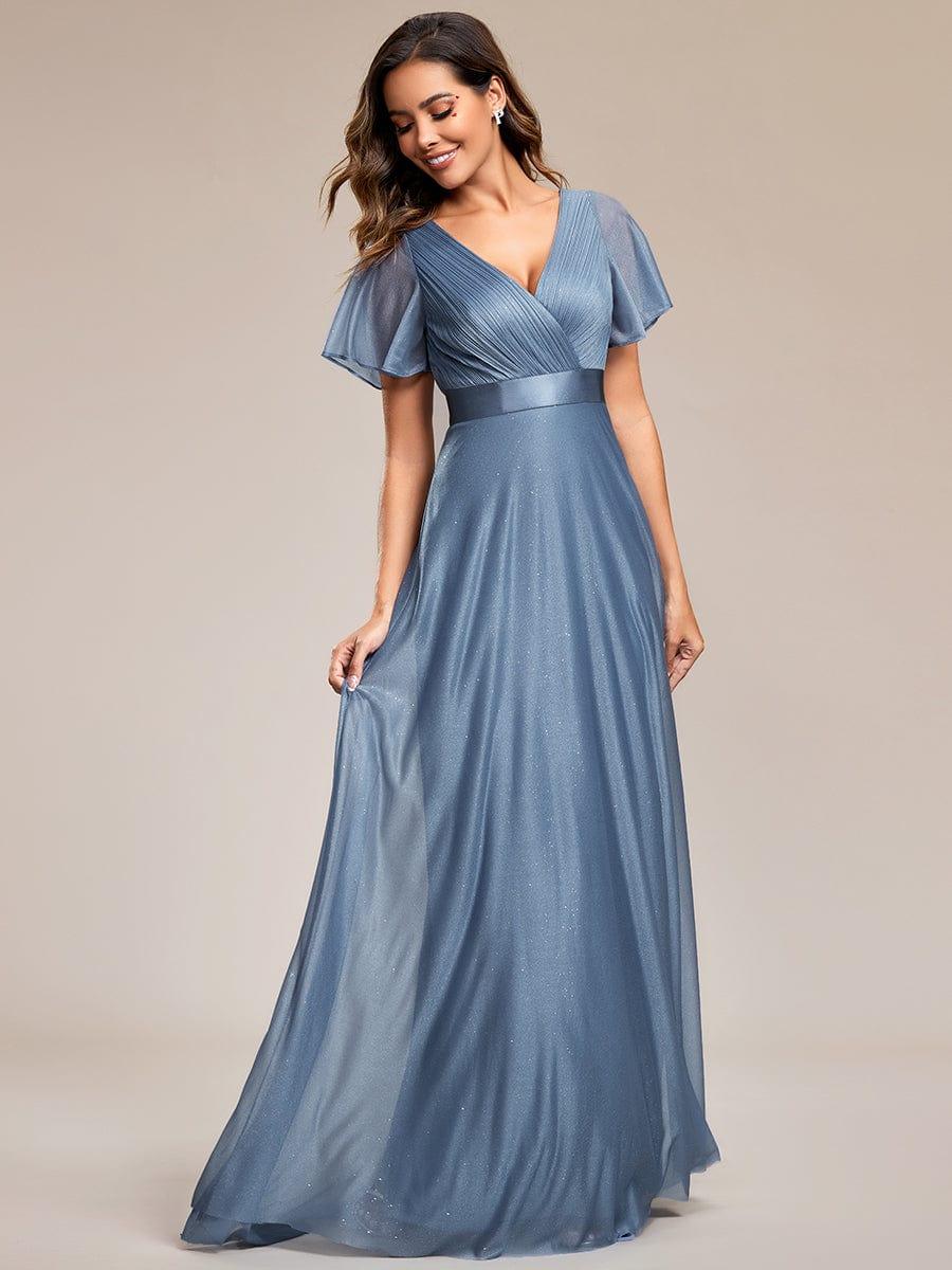 Long Shimmery Flutter Sleeve Pleated V-Neck Evening Dress #color_Dusty Blue