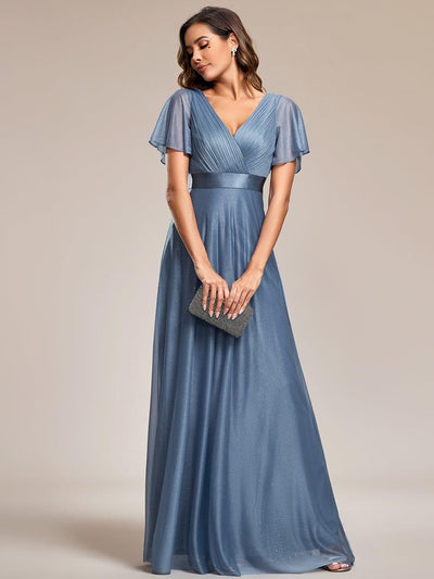 Long Shimmery Flutter Sleeve Pleated V-Neck Evening Dress #color_Dusty Blue