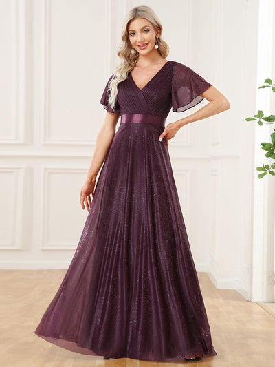 Long Shimmery Flutter Sleeve Pleated V-Neck Evening Dress #color_Dark Purple