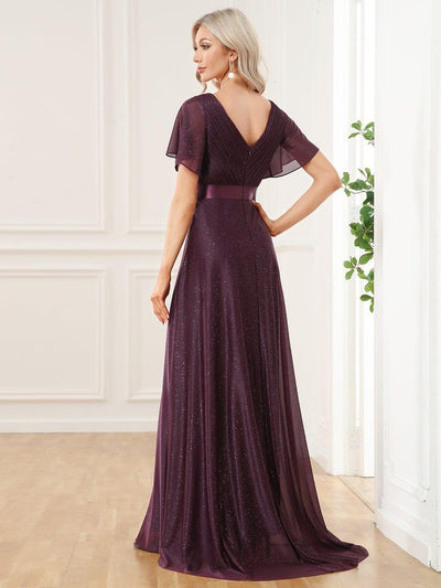 Long Shimmery Flutter Sleeve Pleated V-Neck Evening Dress #color_Dark Purple