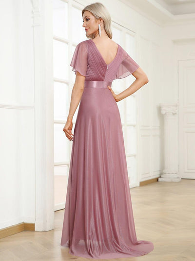 Long Shimmery Flutter Sleeve Pleated V-Neck Evening Dress #color_Purple Orchid