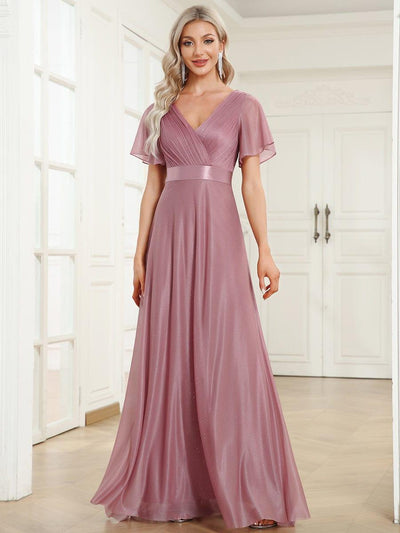 Long Shimmery Flutter Sleeve Pleated V-Neck Evening Dress #color_Purple Orchid