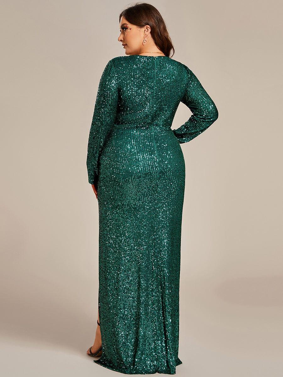 Plus Size Sequin V-Neck Long Sleeves High Slit Evening Dress #color_Dark Green Plus Size Sequin Long Sleeves High Slit Evening Dress