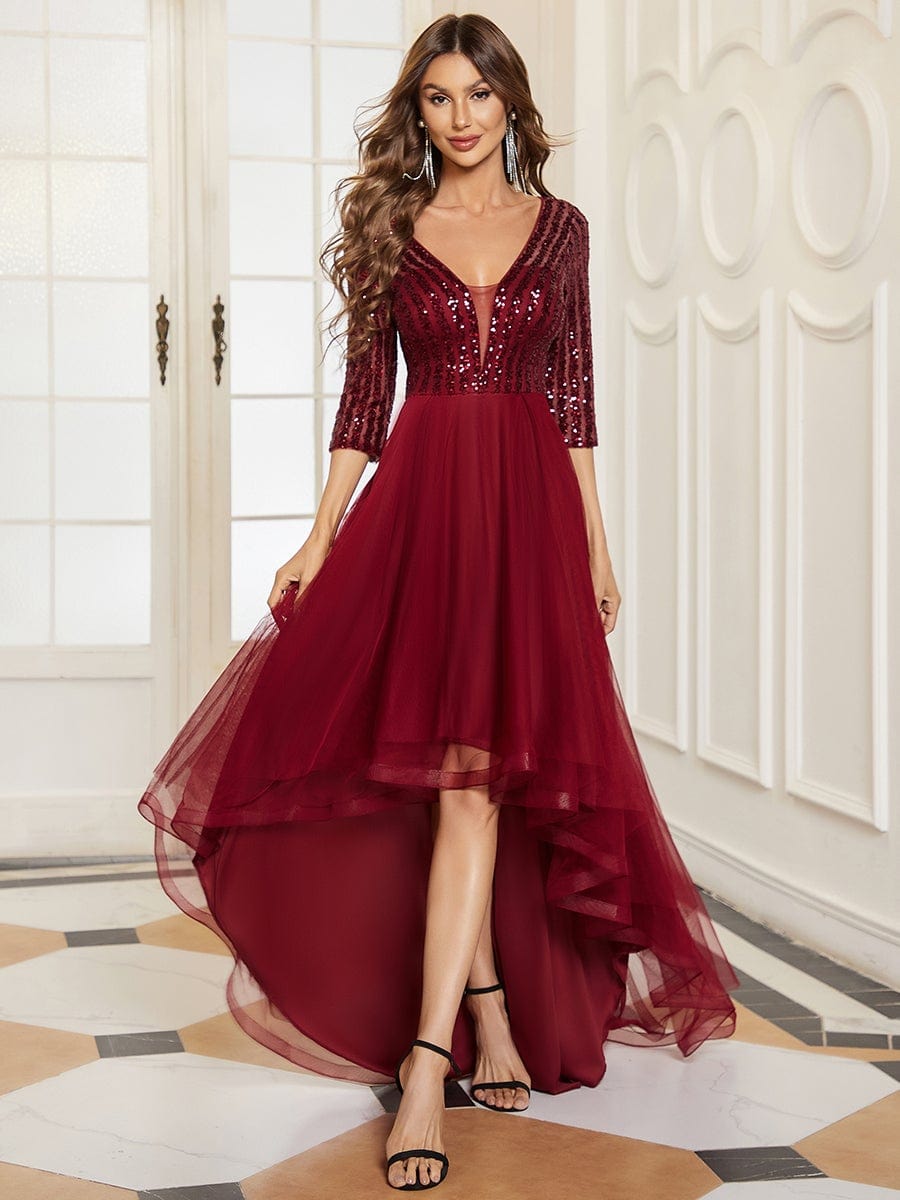 3/4 Sleeve Sequin V Neck High Low Evening Dress #color_Burgundy 3/4 Sleeve Sequin V Neck High Low Evening Dress