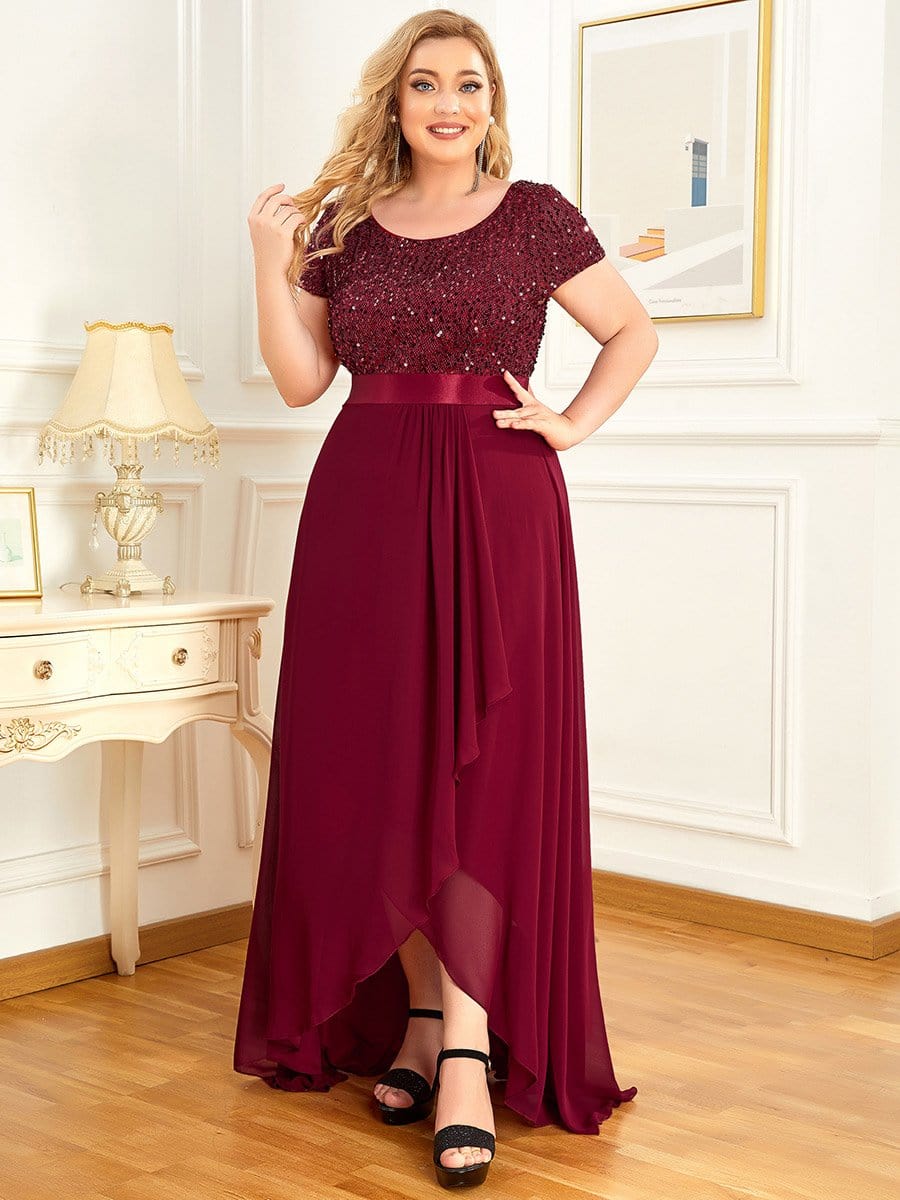 Plus Size Sequin Short Sleeve High Low Evening Dress #color_Burgundy Plus Size Sequin Short Sleeve High Low Evening Dress